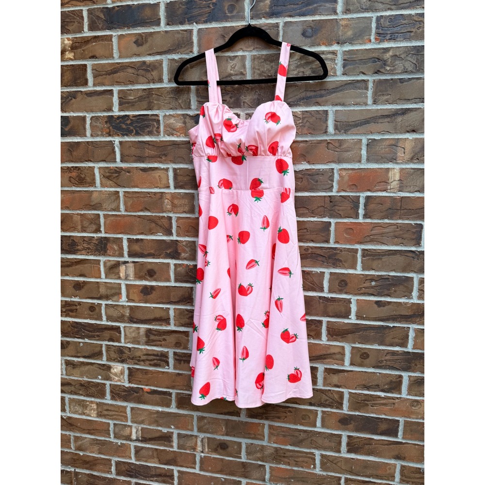 Belle Poque Pink Strawberry Print Fit and Flare Dress Sweetheart Neckline Medium